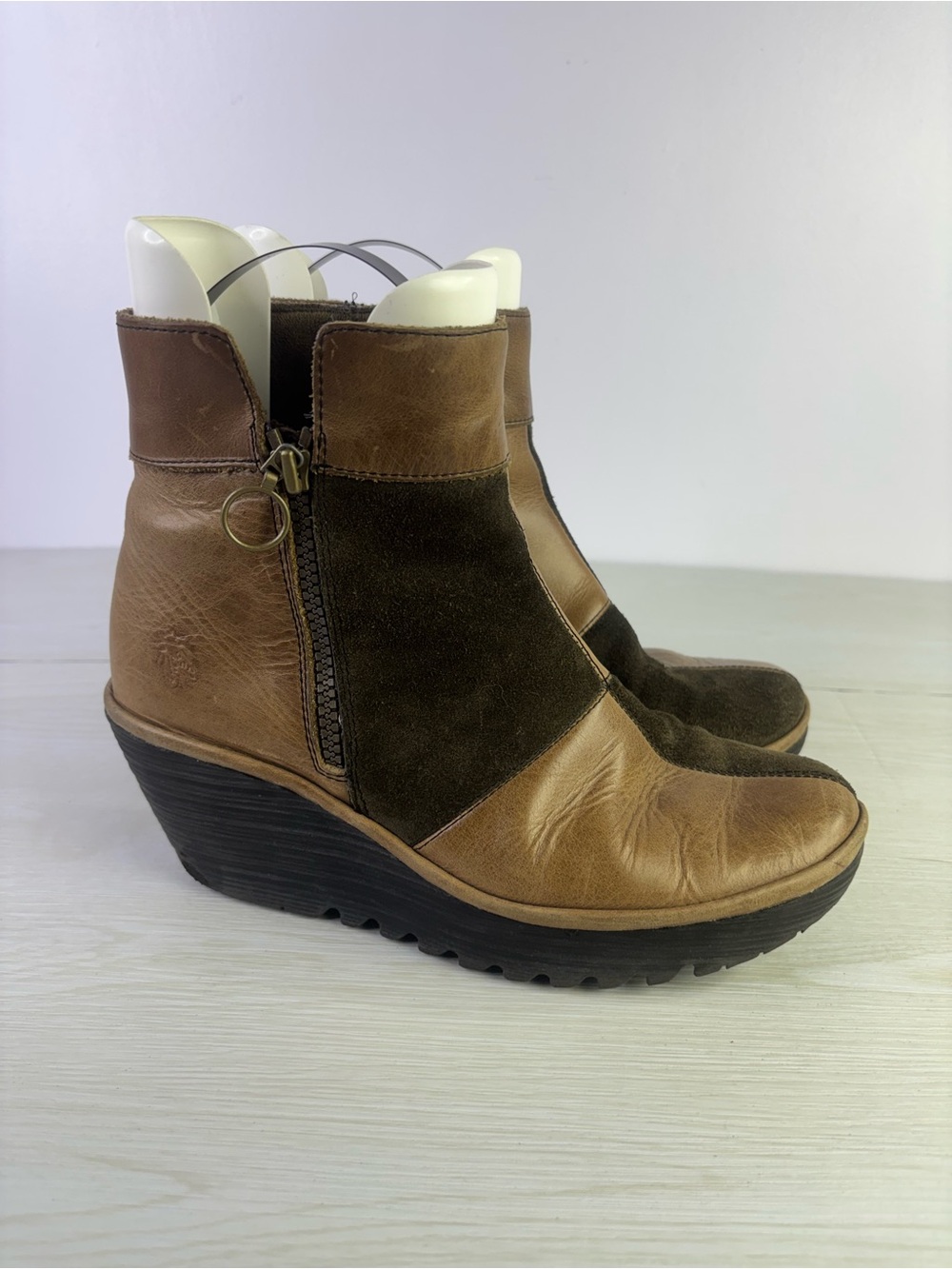 fly london • yolk patchwork suede wedge boots 40